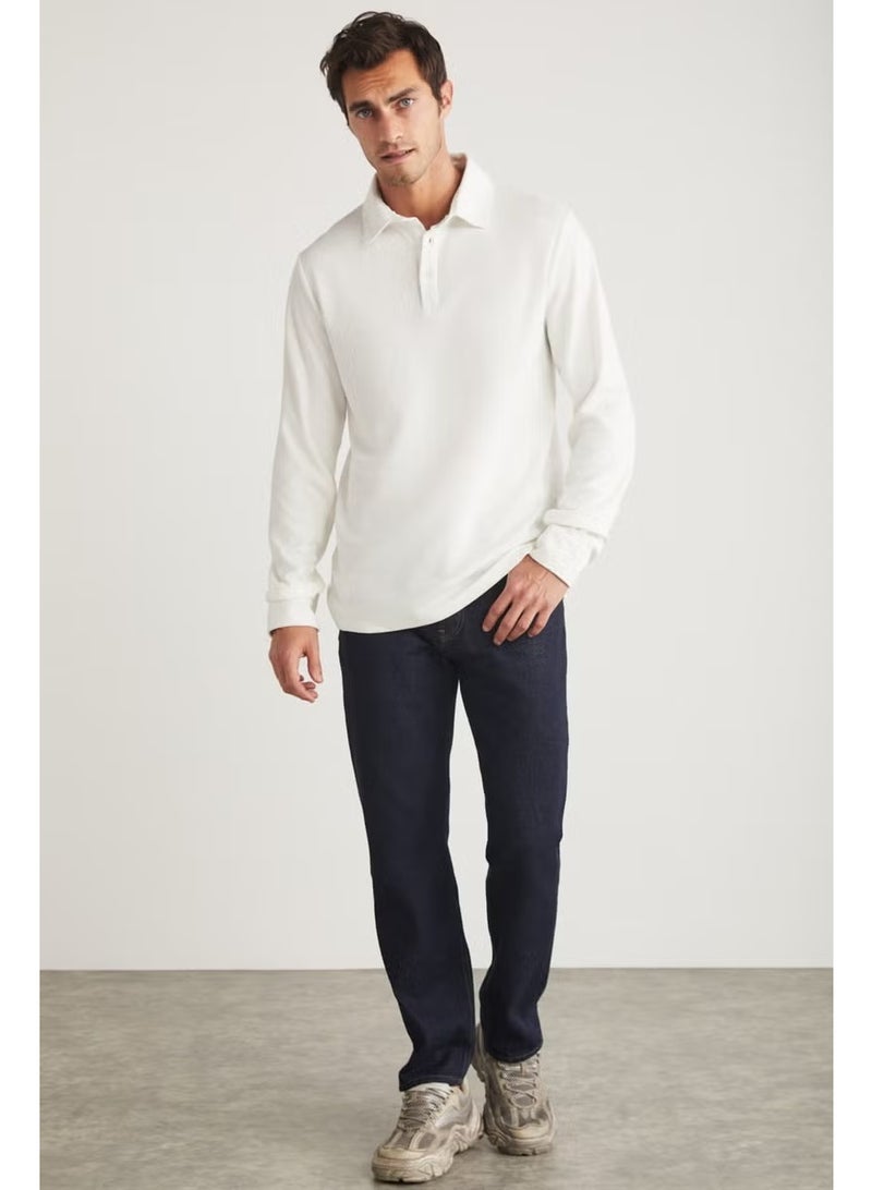 GRIMELANGE Tremont Men's Slim Fit Textured Fabric Long Sleeve Ecru Polo Neck T-Shirt - Image 2